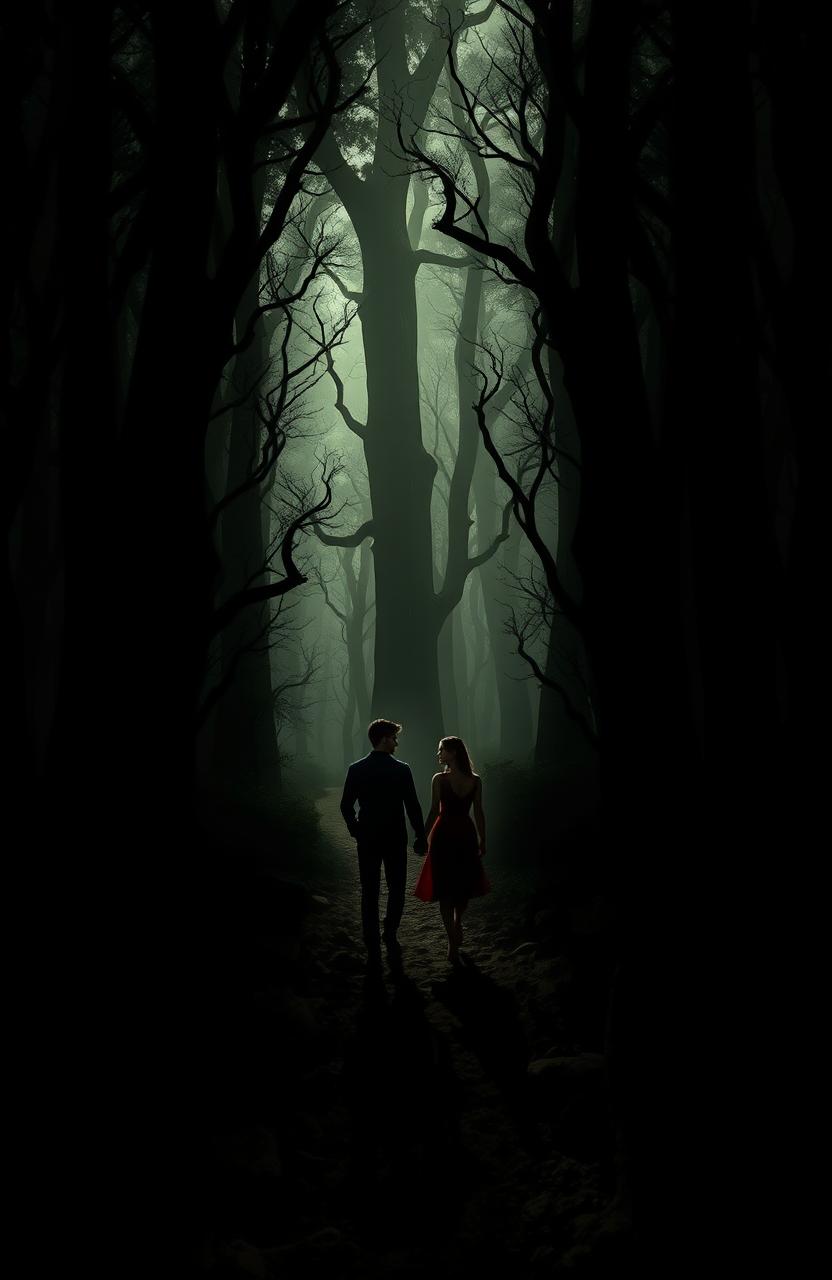 In a dark, surreal forest, a narrow winding path leads through towering trees