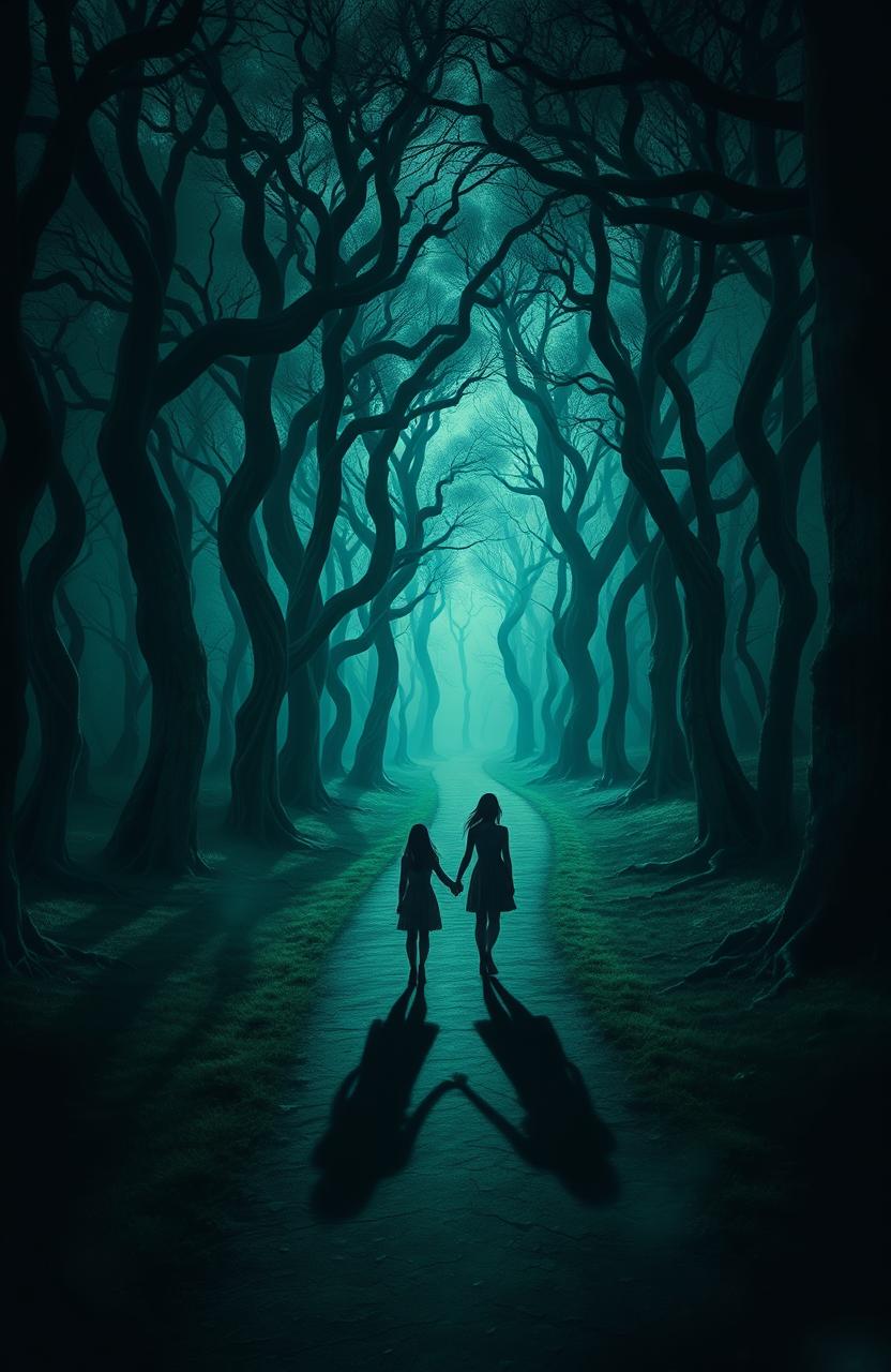 A dark, surreal forest landscape featuring a winding path surrounded by towering trees