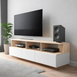 Design an elegant TV bench with compartments to house a sub woofer, Apple TV, set top box, two UPS units, and a PlayStation 5. The design should reflect a modern aesthetic, with sleek lines and clever storage solutions.