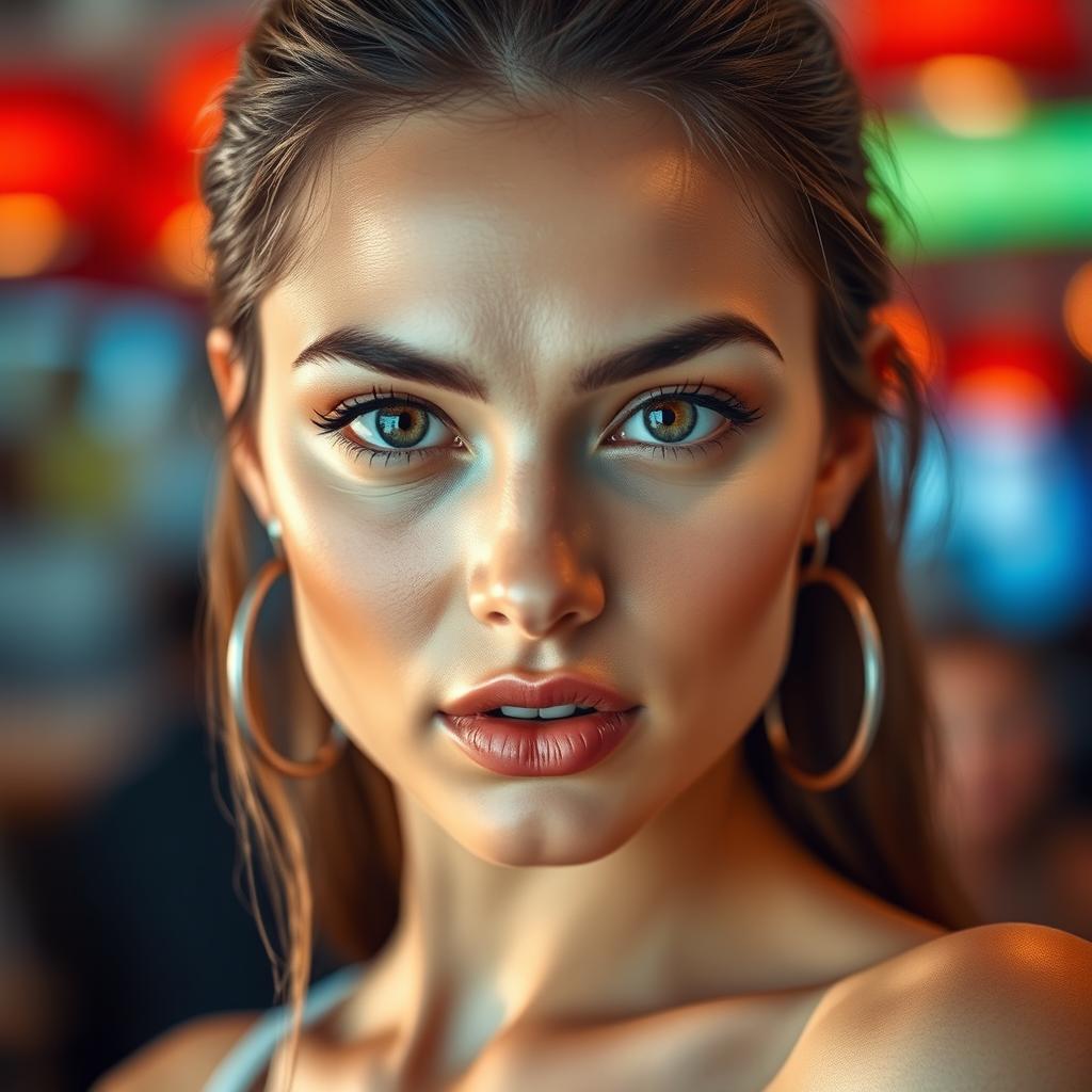 A stunning 25-year-old woman with a provocative expression, facing the camera directly