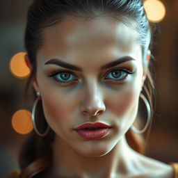 A stunning 25-year-old woman with a provocative expression, facing the camera directly