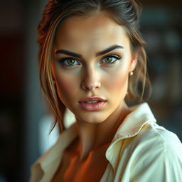 A stunning 25-year-old woman with a provocative expression, facing the camera directly