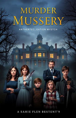 A suspenseful book cover for a murder mystery novel, featuring a grand, eerie mansion set at dusk, with shadowy trees and fog surrounding it