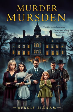 A suspenseful book cover for a murder mystery novel, featuring a grand, eerie mansion set at dusk, with shadowy trees and fog surrounding it