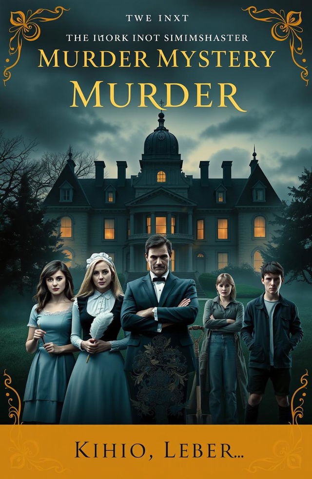 A suspenseful book cover for a murder mystery novel, featuring a grand, eerie mansion set at dusk, with shadowy trees and fog surrounding it