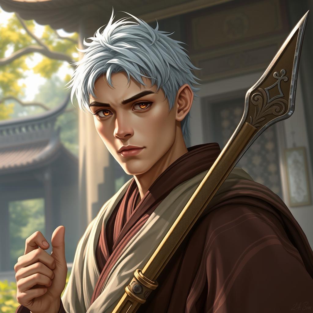 A realistic depiction of a 25-year-old monk with short, silver hair and amber eyes, conveying strength and wisdom