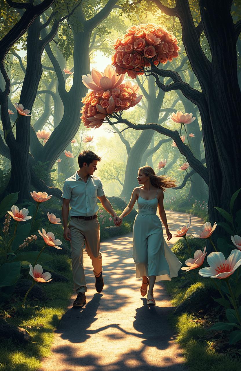 A surreal scene depicting a young man and a young woman walking hand in hand along a winding path in a forest