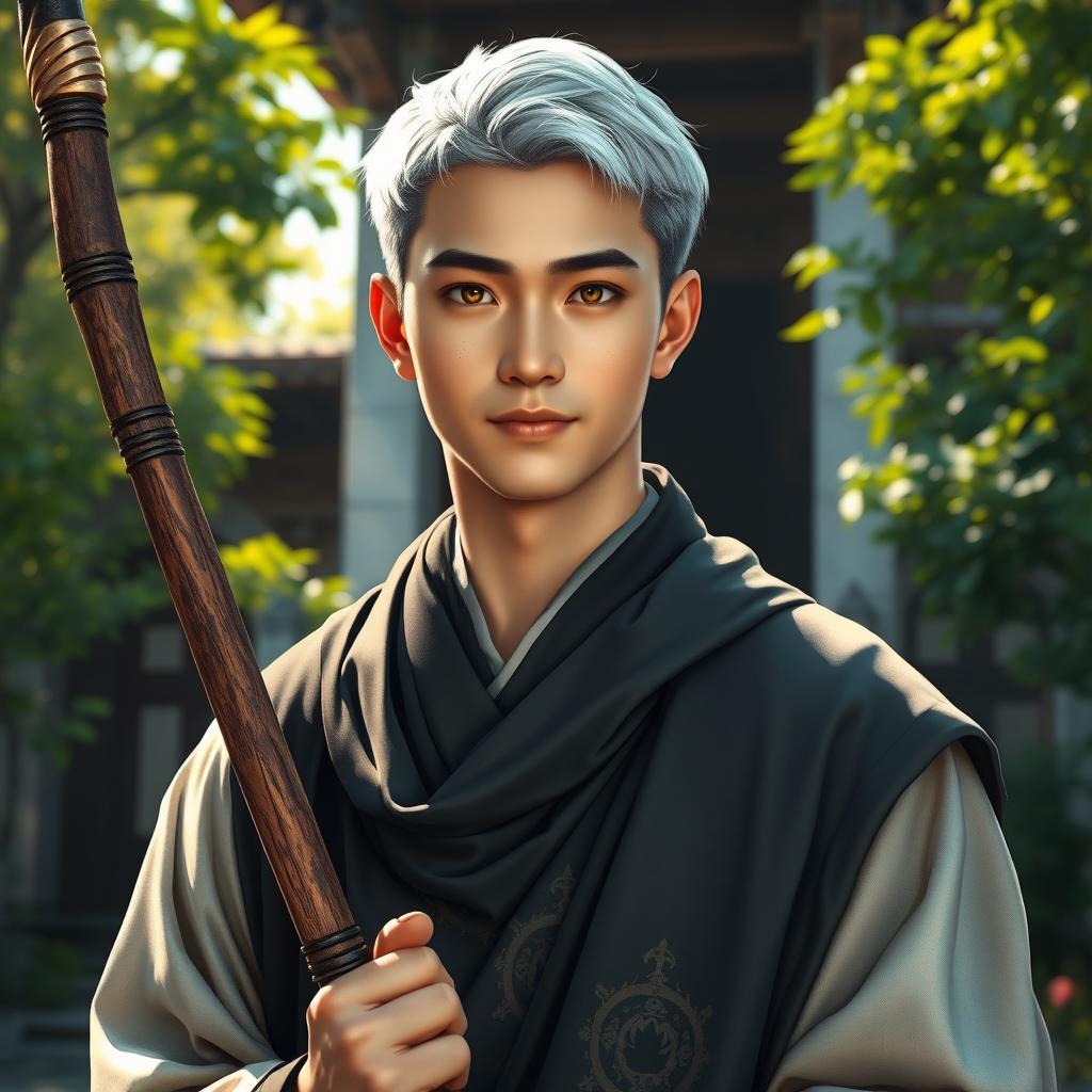 A 25-year-old monk with short silver hair and amber eyes, holding a realistic glaive