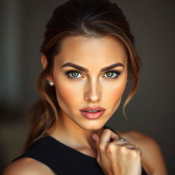A stunning 25-year-old woman with a provocative and alluring expression, facing the camera directly