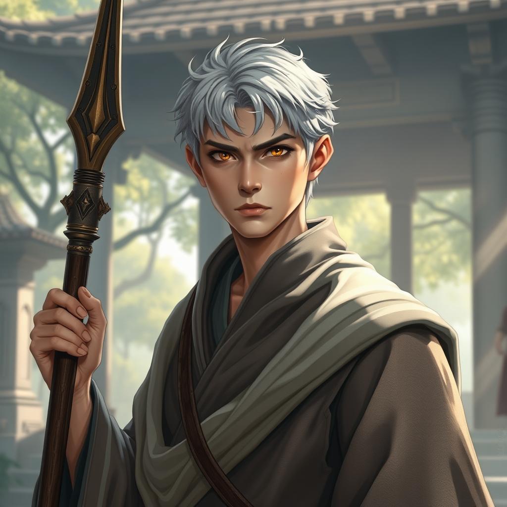 A 25-year-old monk with short silver hair and amber eyes, holding a glaive in one hand