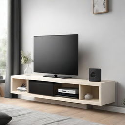 Design an elegant TV bench with compartments to house a sub woofer, Apple TV, set top box, two UPS units, and a PlayStation 5. The design should reflect a modern aesthetic, with sleek lines and clever storage solutions.