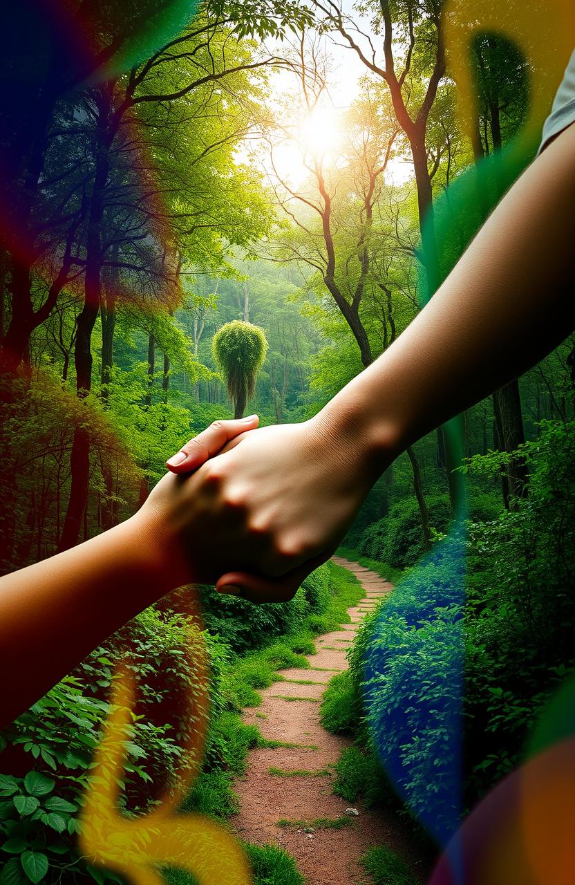 A surrealistic scene featuring a lush forest with vibrant greenery