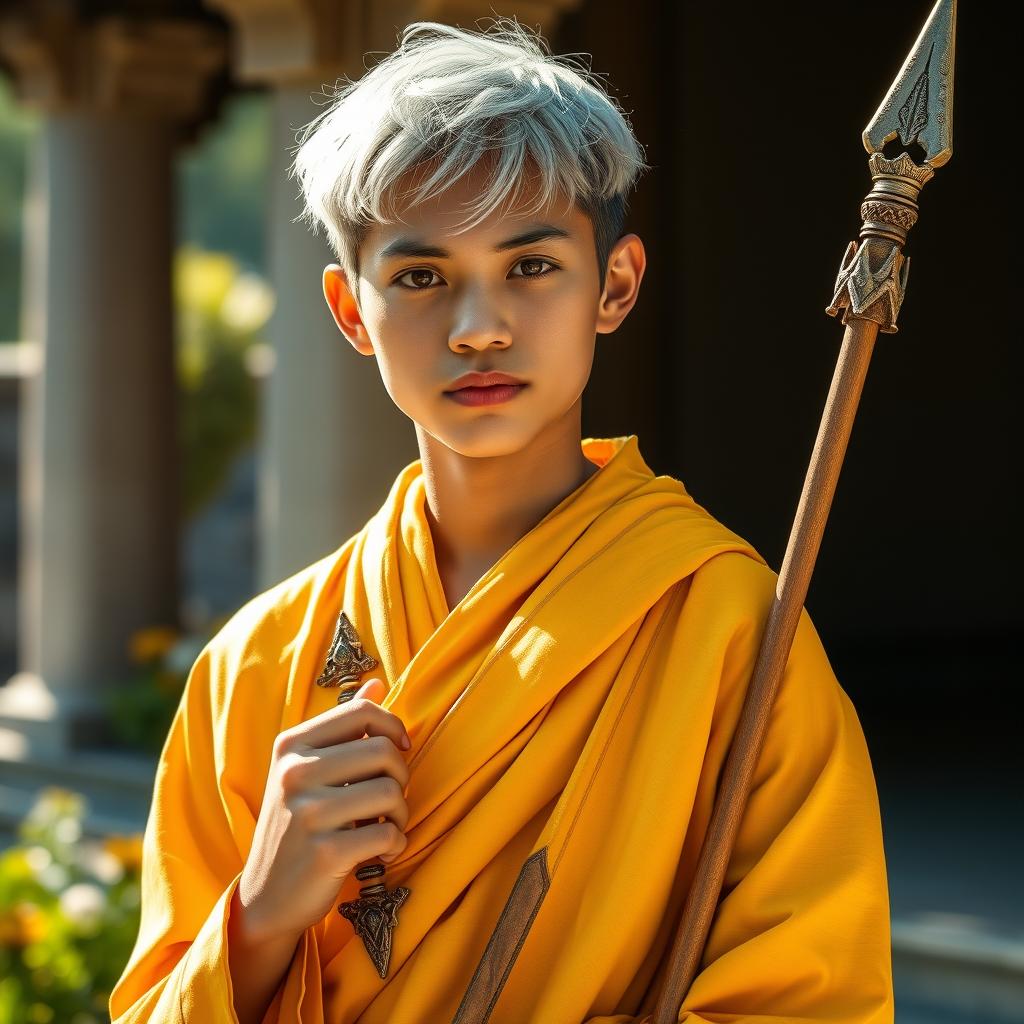 A 25-year-old monk with short silver hair and amber eyes, wearing bright yellow robes and holding a glaive in one hand
