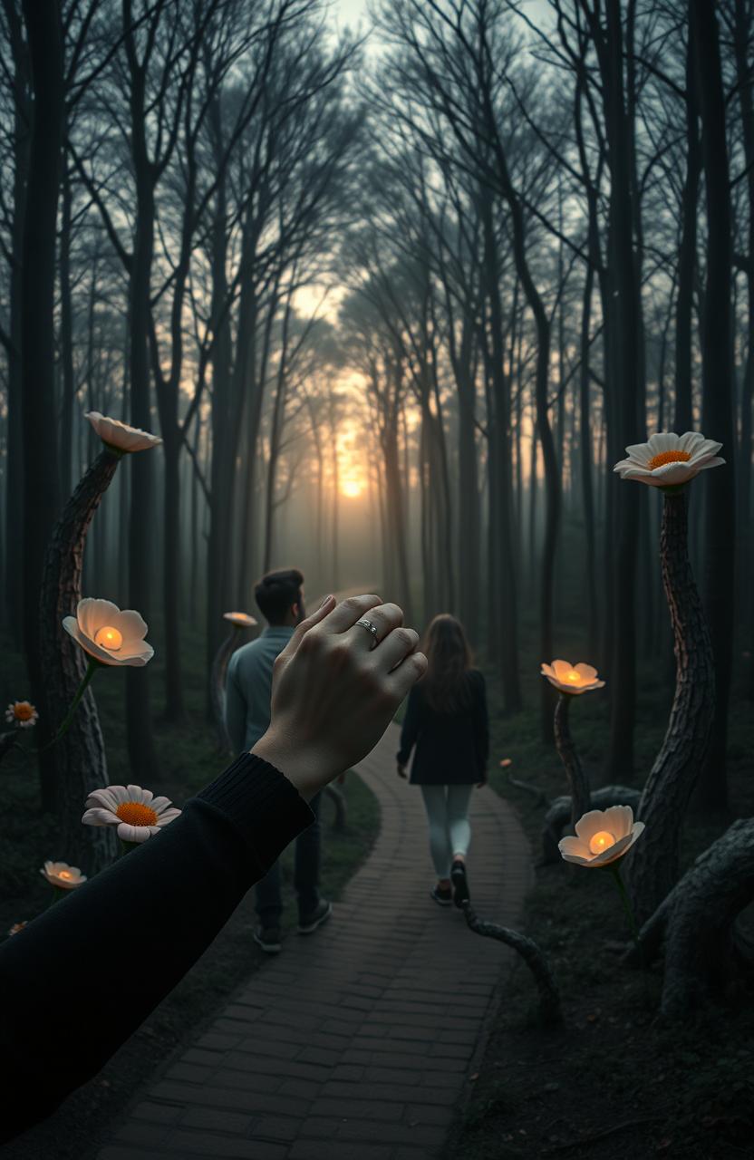 A surreal scene set in a forest during the evening, capturing a winding path that leads through the trees