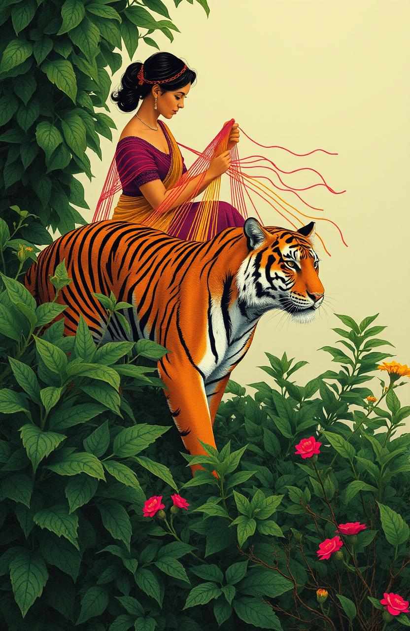 A serene and introspective scene inspired by the poem 'Aunt Jennifer's Tigers' by Adrienne Rich