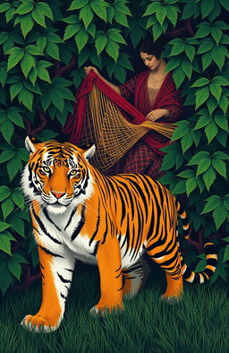 A serene and introspective scene inspired by the poem 'Aunt Jennifer's Tigers' by Adrienne Rich