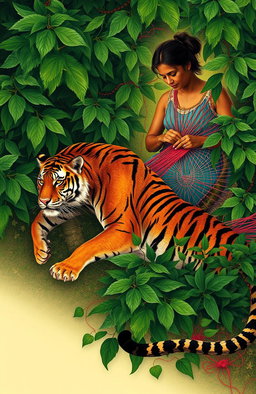 A serene and introspective scene inspired by the poem 'Aunt Jennifer's Tigers' by Adrienne Rich