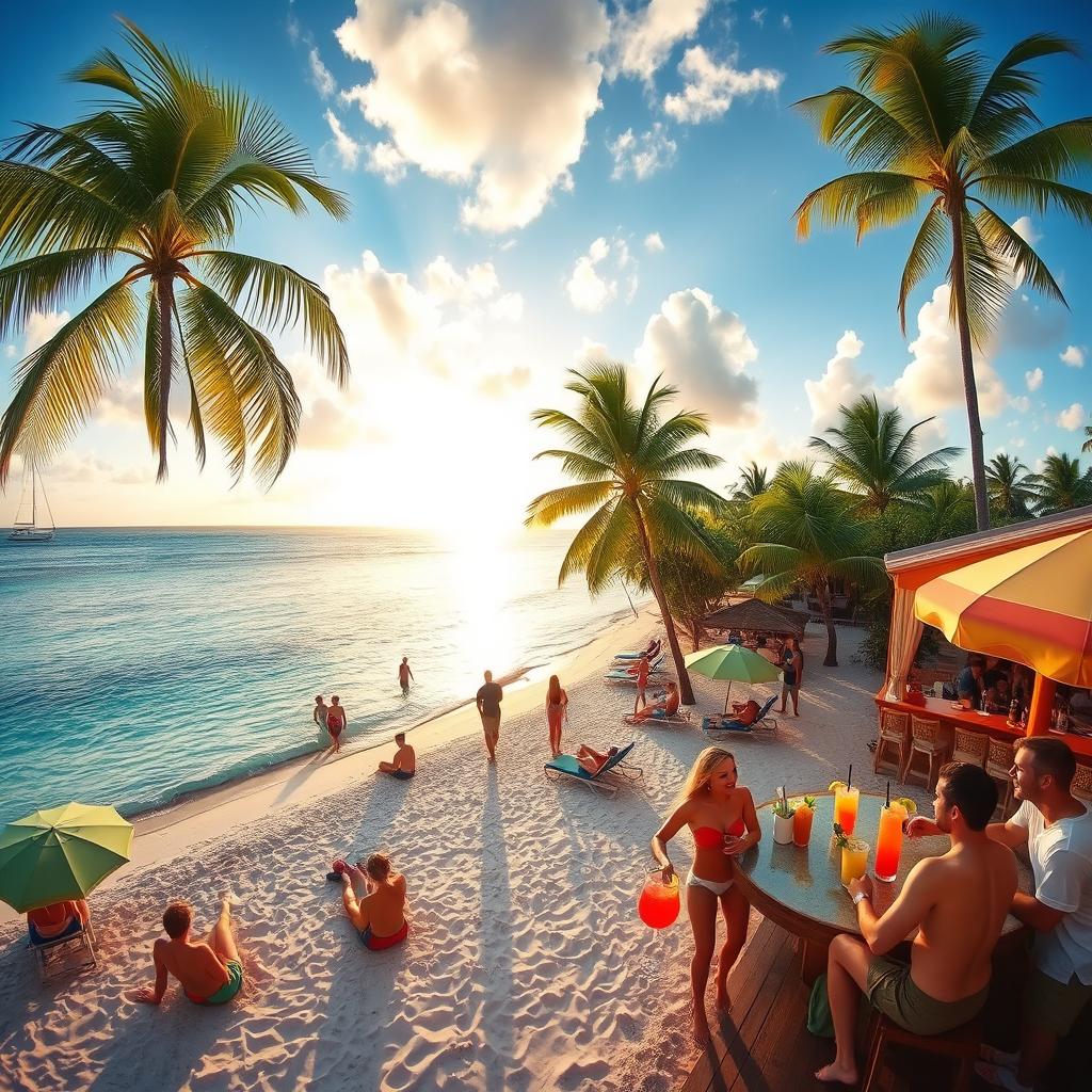 A vibrant summer vacation scene featuring a pristine tropical beach with soft white sand and crystal clear turquoise waters