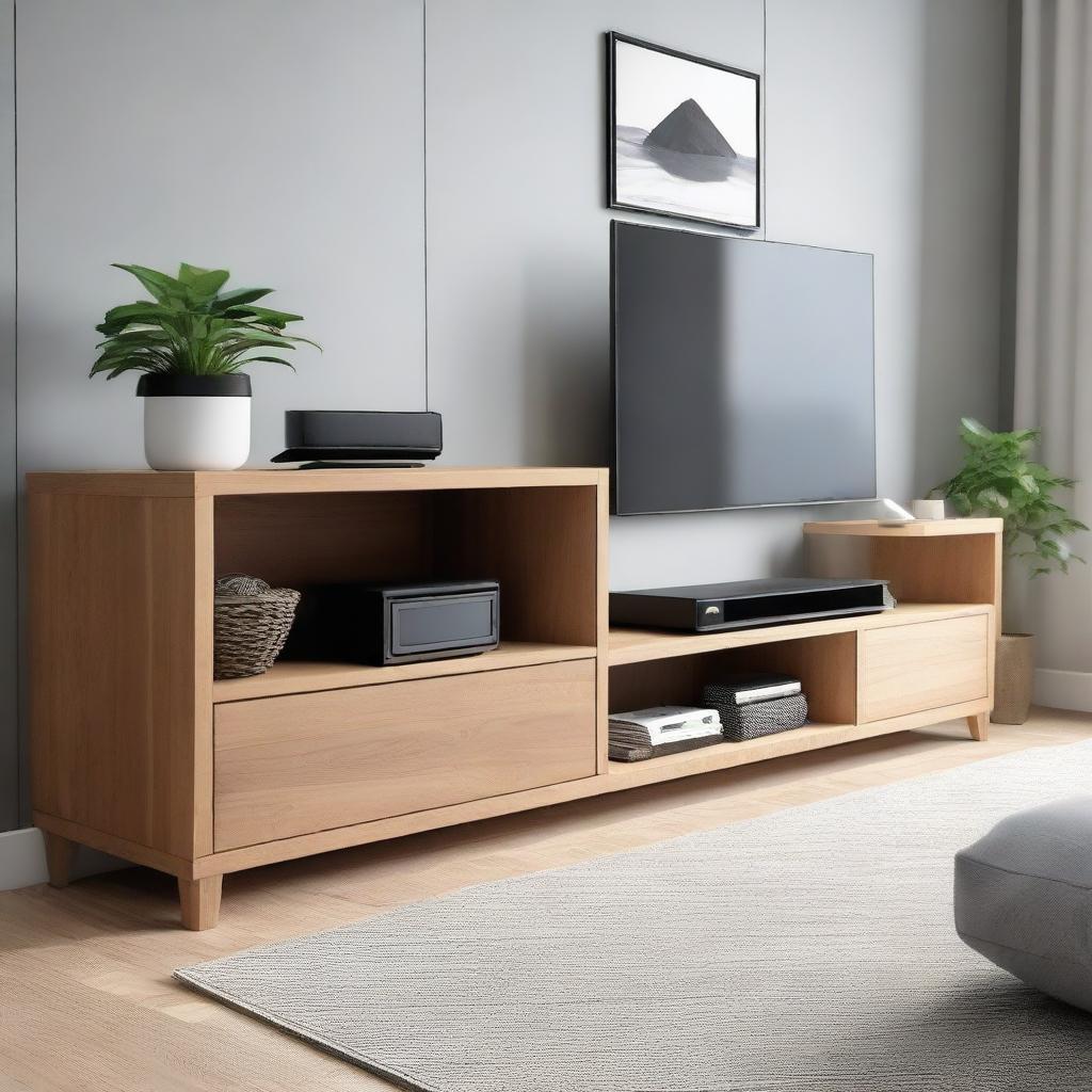 Design an elegant TV bench with compartments to house a sub woofer, Apple TV, set top box, two UPS units, and a PlayStation 5. The design should reflect a modern aesthetic, with sleek lines and clever storage solutions.