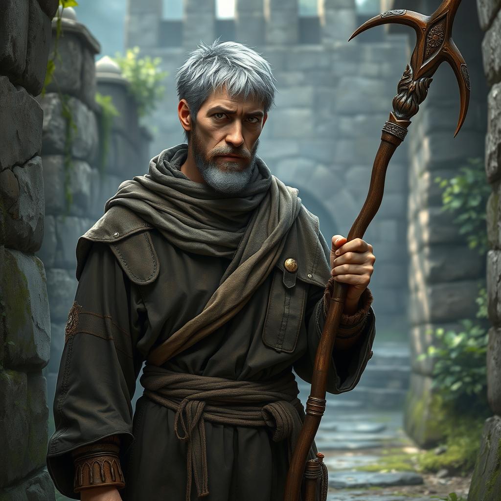 A realistic depiction of a 25-year-old monk with short silver hair and amber eyes, dressed in worn-out, ancient-style clothing