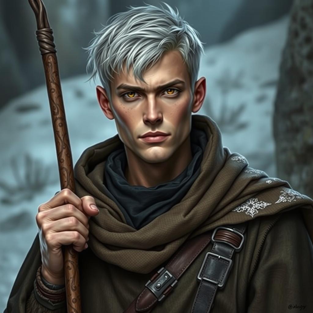 An attractive 25-year-old monk with short silver hair and amber eyes, dressed in old, worn clothing, holding a glaive in one hand