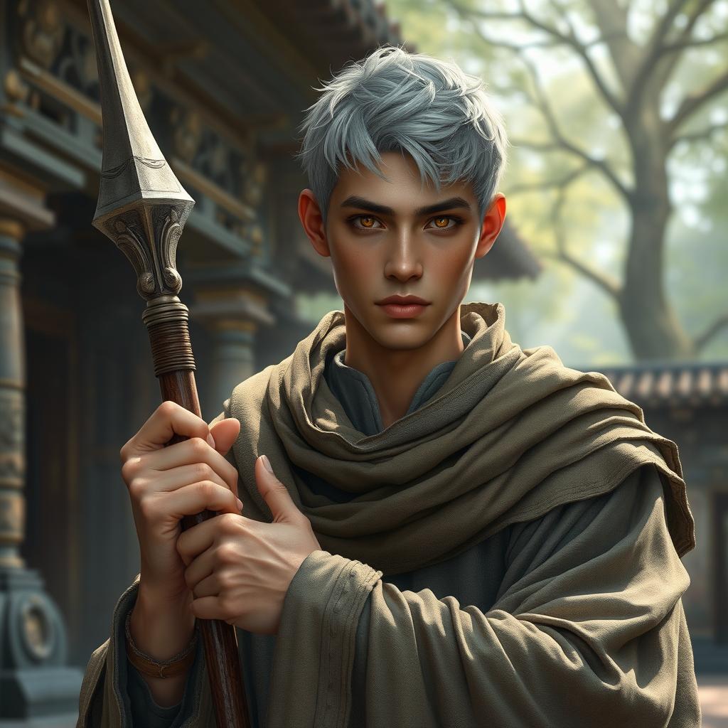 A realistic portrayal of an attractive 25-year-old monk with short, silver hair and mesmerizing amber eyes