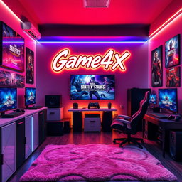 A stylish gaming room featuring modern gaming equipment and vibrant decor