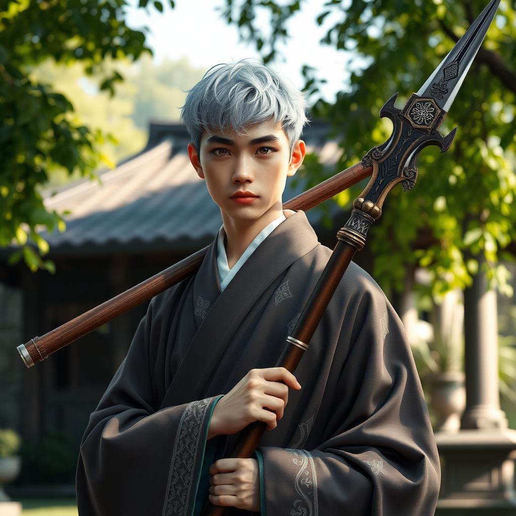 A 25-year-old monk with short silver hair and striking amber eyes, wielding a realistic glaive