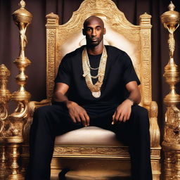 Kobe Bryant, wearing 4 championship rings, sitting on a throne made of trophies with a sleek black mamba snake draped around his shoulders.