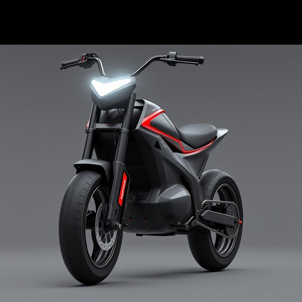 A unique electric pit bike design featuring smooth contours and a strict style