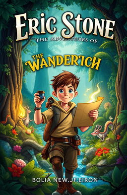 A captivating storybook cover design for 'Eric Stone: The Adventures of Wanderich', featuring a brave young adventurer, Eric Stone, exploring a mystical, lush forest filled with vibrant flora and fantastical creatures