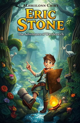A captivating storybook cover design for 'Eric Stone: The Adventures of Wanderich', featuring a brave young adventurer, Eric Stone, exploring a mystical, lush forest filled with vibrant flora and fantastical creatures