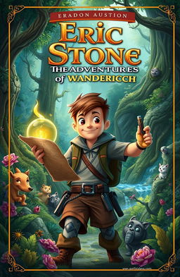 A captivating storybook cover design for 'Eric Stone: The Adventures of Wanderich', featuring a brave young adventurer, Eric Stone, exploring a mystical, lush forest filled with vibrant flora and fantastical creatures