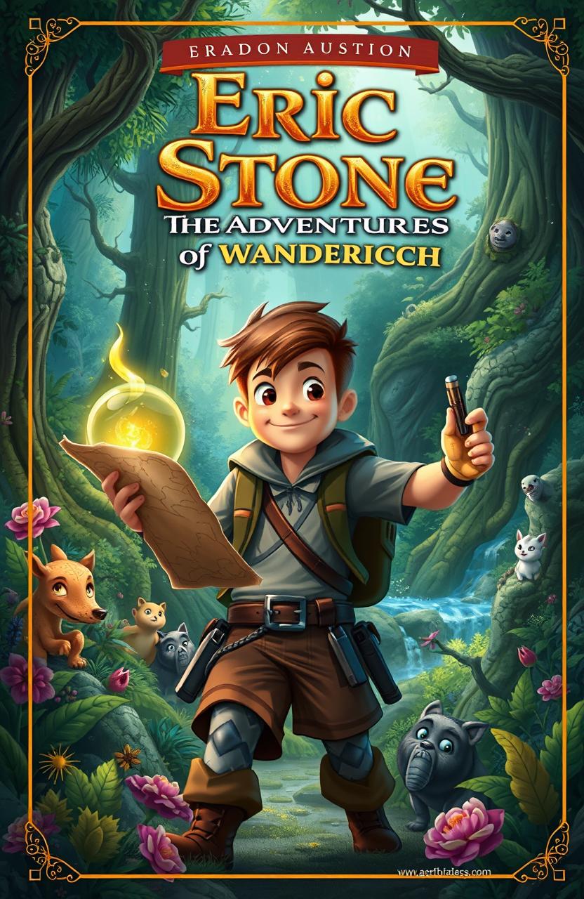 A captivating storybook cover design for 'Eric Stone: The Adventures of Wanderich', featuring a brave young adventurer, Eric Stone, exploring a mystical, lush forest filled with vibrant flora and fantastical creatures