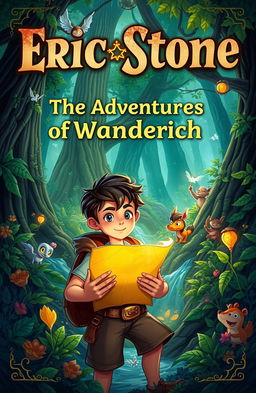A captivating storybook cover design for 'Eric Stone: The Adventures of Wanderich', featuring a brave young adventurer, Eric Stone, exploring a mystical, lush forest filled with vibrant flora and fantastical creatures