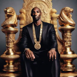 Kobe Bryant, wearing 4 championship rings, sitting on a throne made of trophies with a sleek black mamba snake draped around his shoulders.