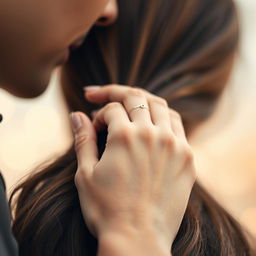 A close-up scene of a romantic couples' moment, featuring a woman gently counting strands of hair with her fingers