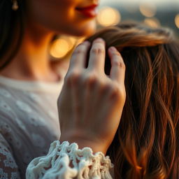 A close-up scene of a romantic couples' moment, featuring a woman gently counting strands of hair with her fingers