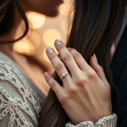 A close-up scene of a romantic couples' moment, featuring a woman gently counting strands of hair with her fingers