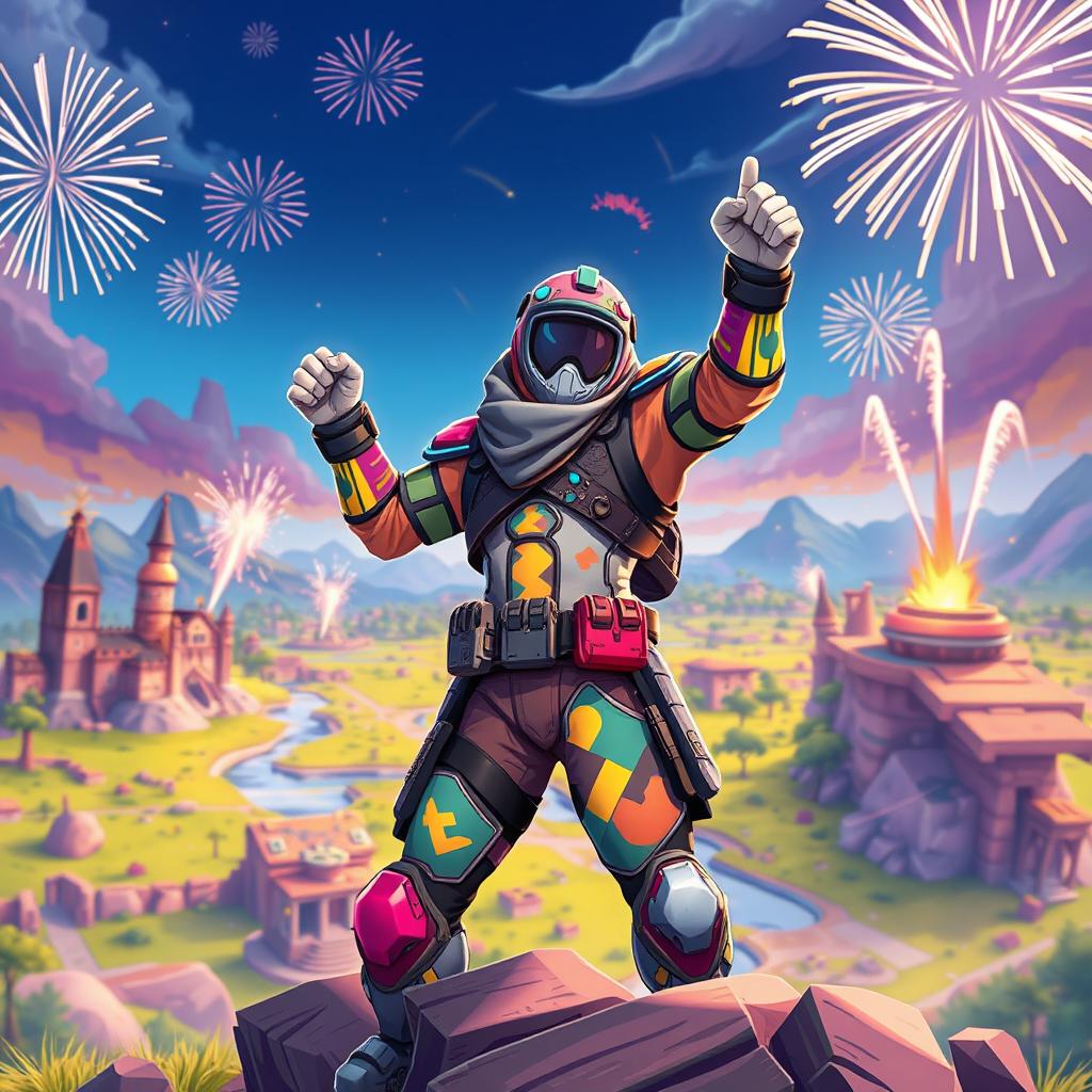 A dynamic and colorful illustration of a victorious Fortnite character striking a triumphant pose on a vibrant battle battlefield