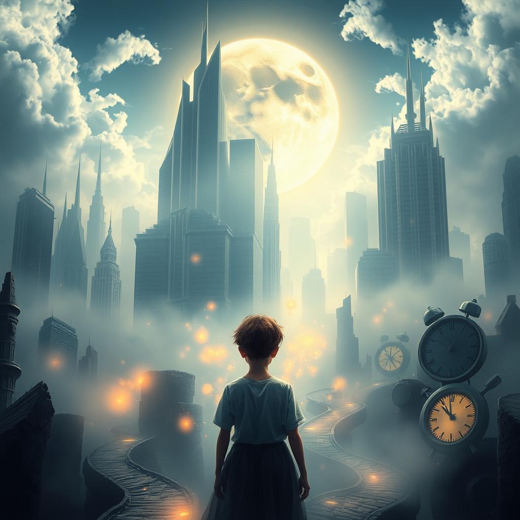 A futuristic city shrouded in fog, featuring towering skyscrapers and a sky dominated by a partially covered moon surrounded by intricate gears, symbolizing the control of dreams