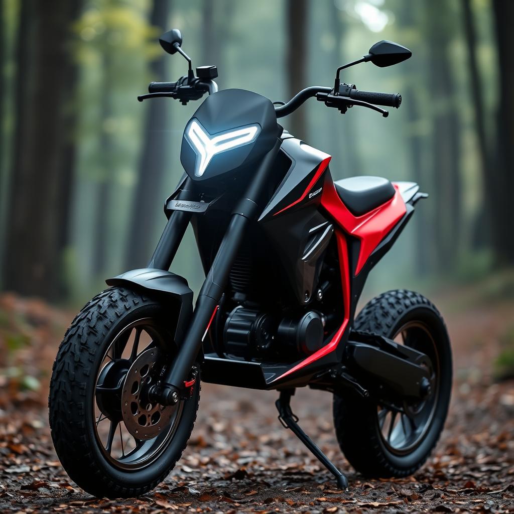 A unique electric pit bike design featuring smooth contours and a strict style