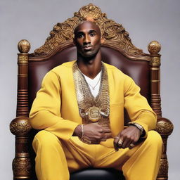 Kobe Bryant, wearing 4 championship rings, sitting on a throne made of trophies with a sleek black mamba snake draped around his shoulders.