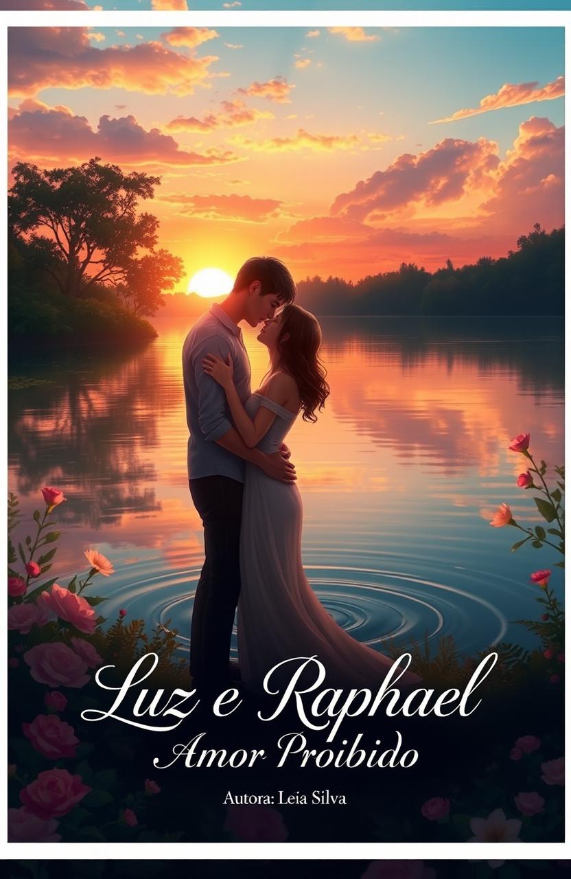A romantic scene depicting a beautiful sunset over a serene lake, where two lovers, Luz and Raphael, are standing close together, their hands intertwined, gazing into each other's eyes with deep emotion