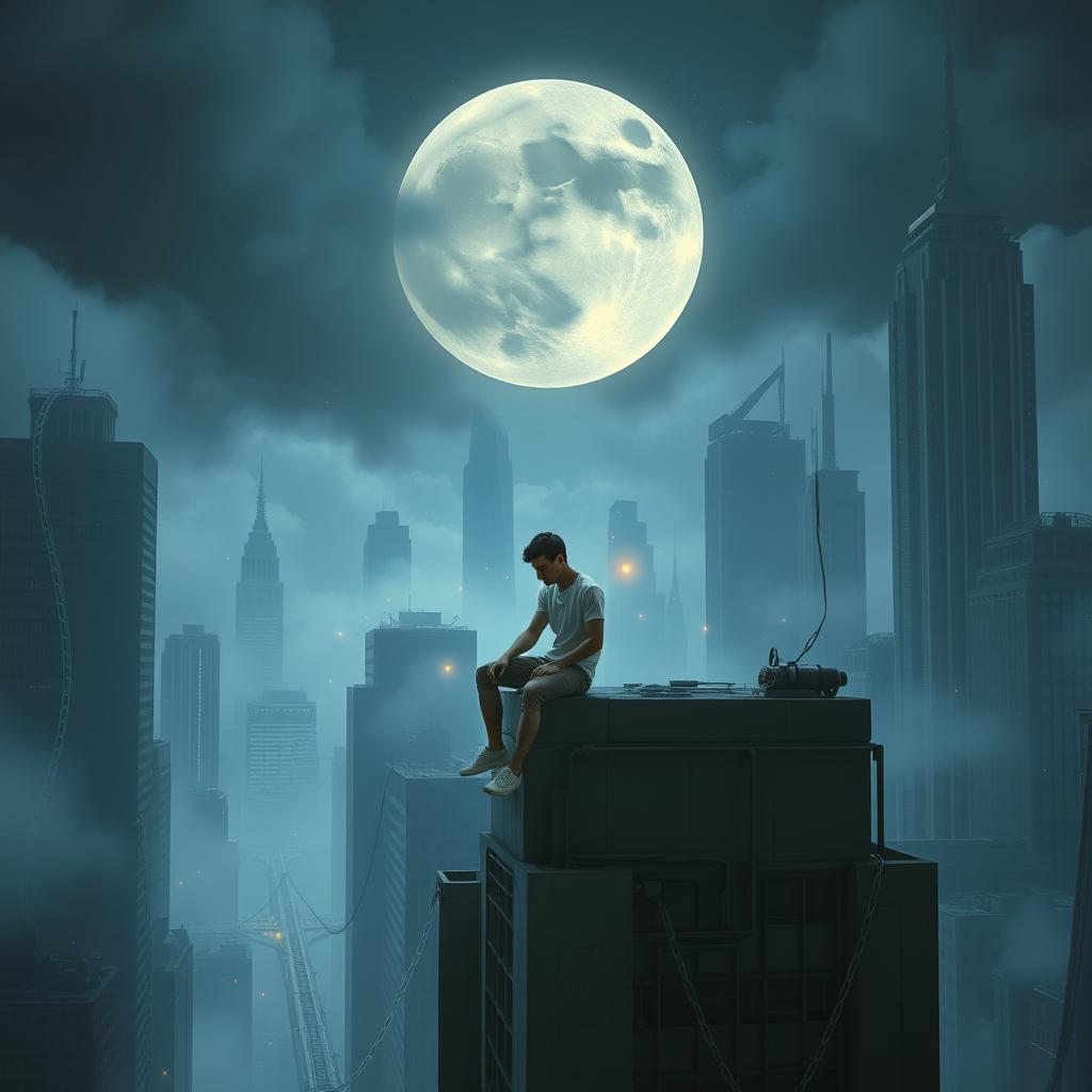 A futuristic city enveloped in fog, with tall buildings that reflect government control