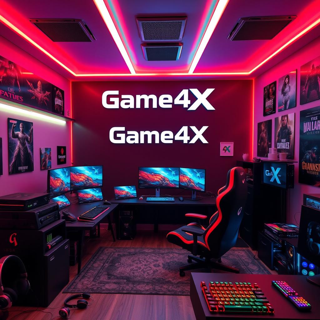A stylish gaming room featuring vibrant LED lighting, a large gaming setup with multiple monitors, and an impressive gaming chair