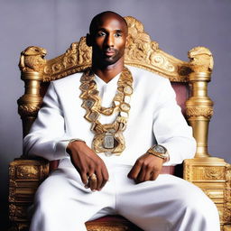 Kobe Bryant, wearing 4 championship rings, sitting on a throne made of trophies with a sleek black mamba snake draped around his shoulders.