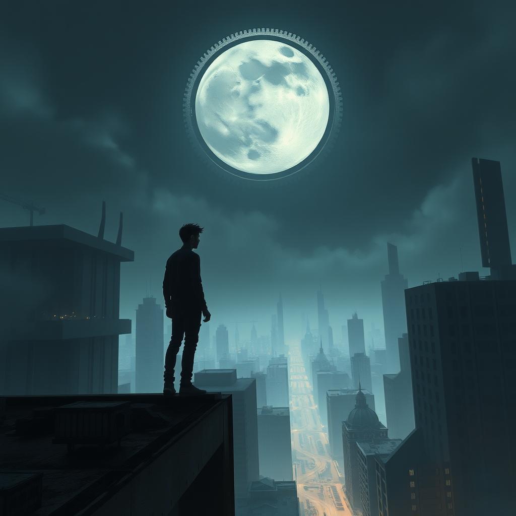 A dystopian futuristic world featuring a young man standing on the edge of a building, observing his city
