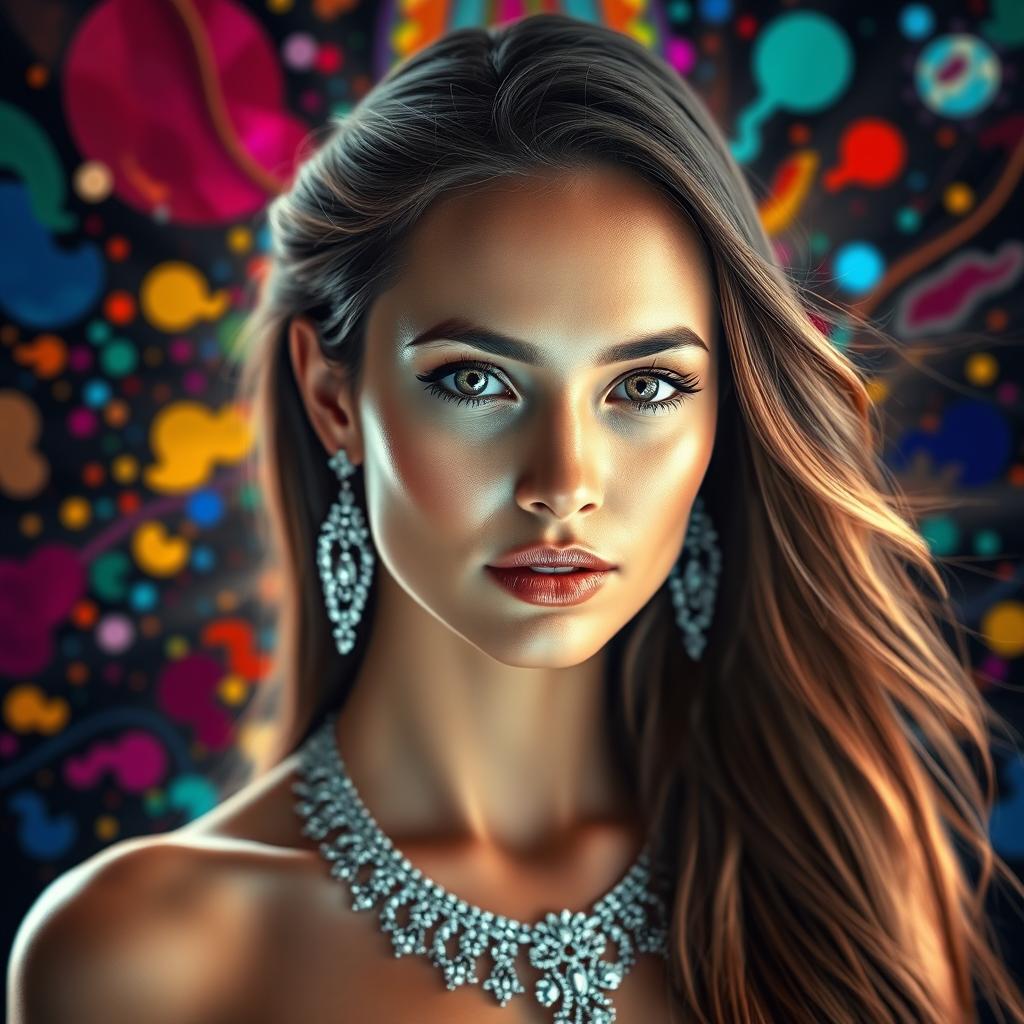 A stunning portrait of a beautiful woman with long flowing hair, adorned with intricate silver jewelry