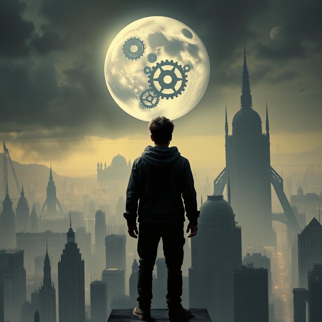A vertical image suitable for a book cover, depicting a dystopian futuristic world